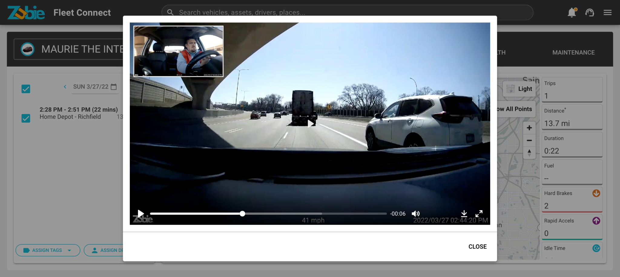 zubie fleet connect dashcam driver & street view