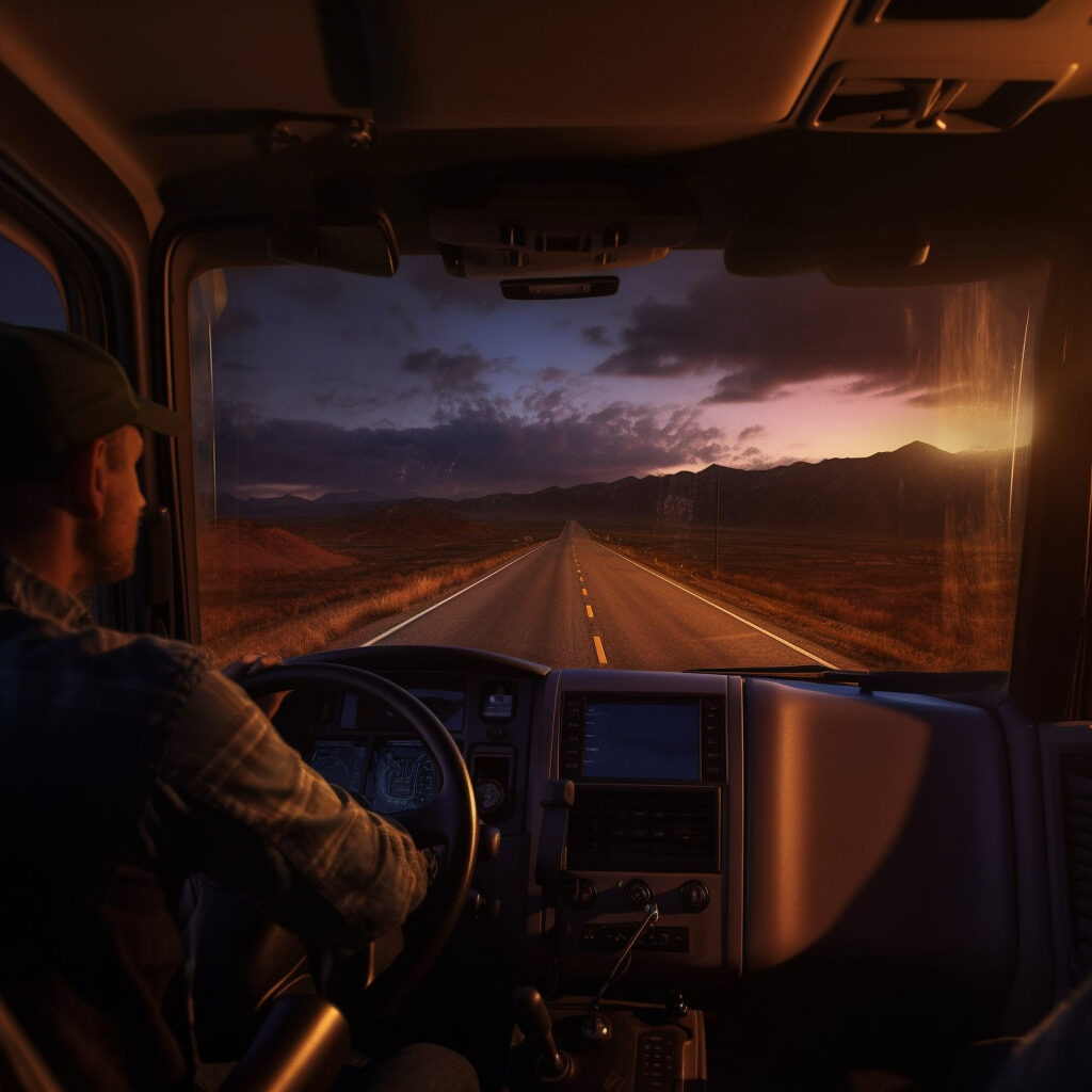 truck driver in his truck cabin driving down an empty road towards some mountains at dusk