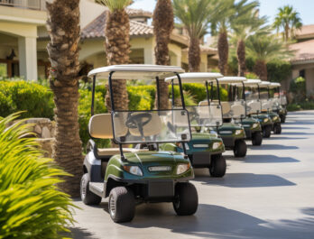 line of golf carts in front of palm trees at an upscale resort