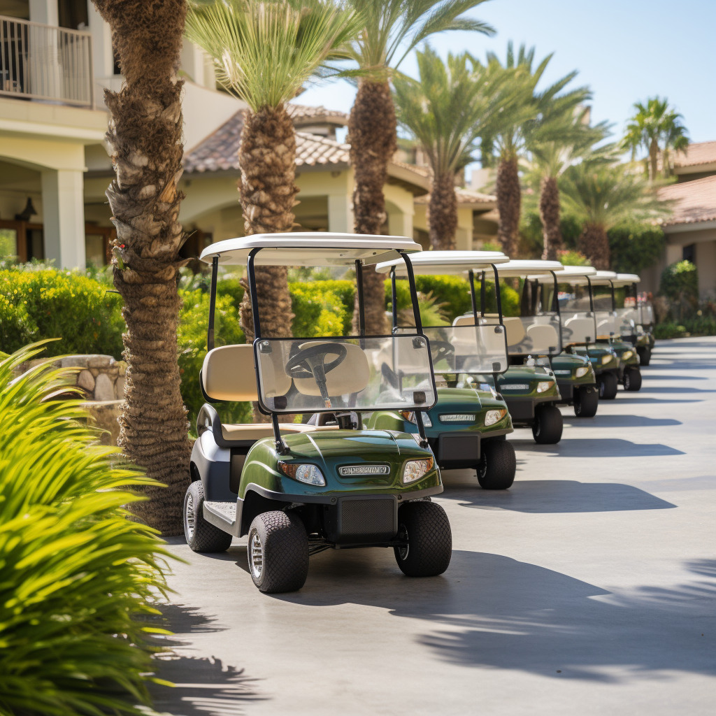 line of golf carts in front of palm trees at an upscale resort