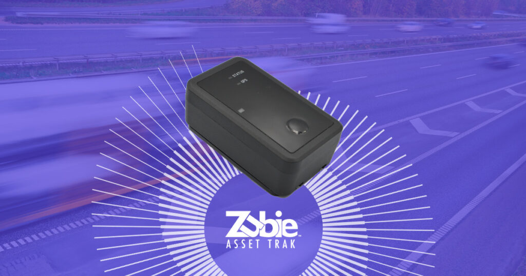 Zubie AssetTrak device against purple background