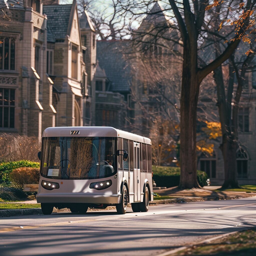 a white shuttle bus driving on a university campus