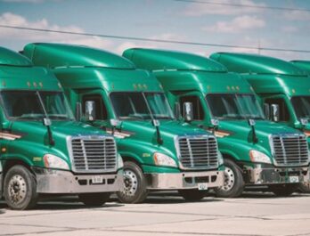 line of green heavy-duty truck cabs