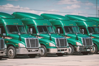 line of green heavy-duty truck cabs