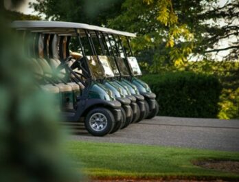 side view of a line of golf carts