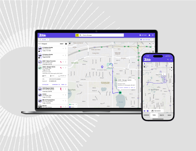 A desktop and mobile screen showcasing key features of Zubie's platform.